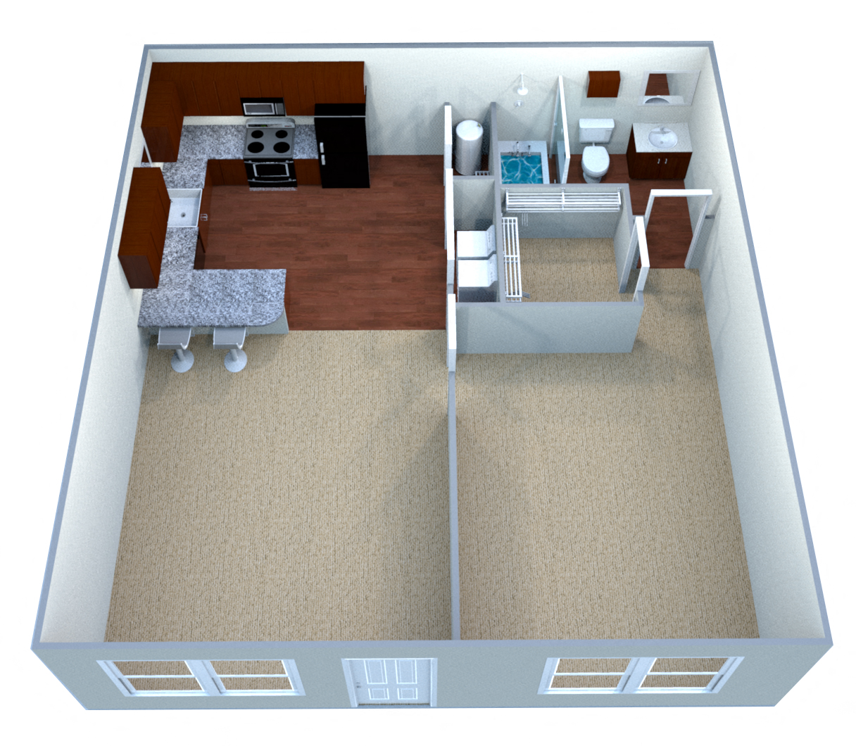 Floor plan for 1 bed, 1 bath, 669 sqft